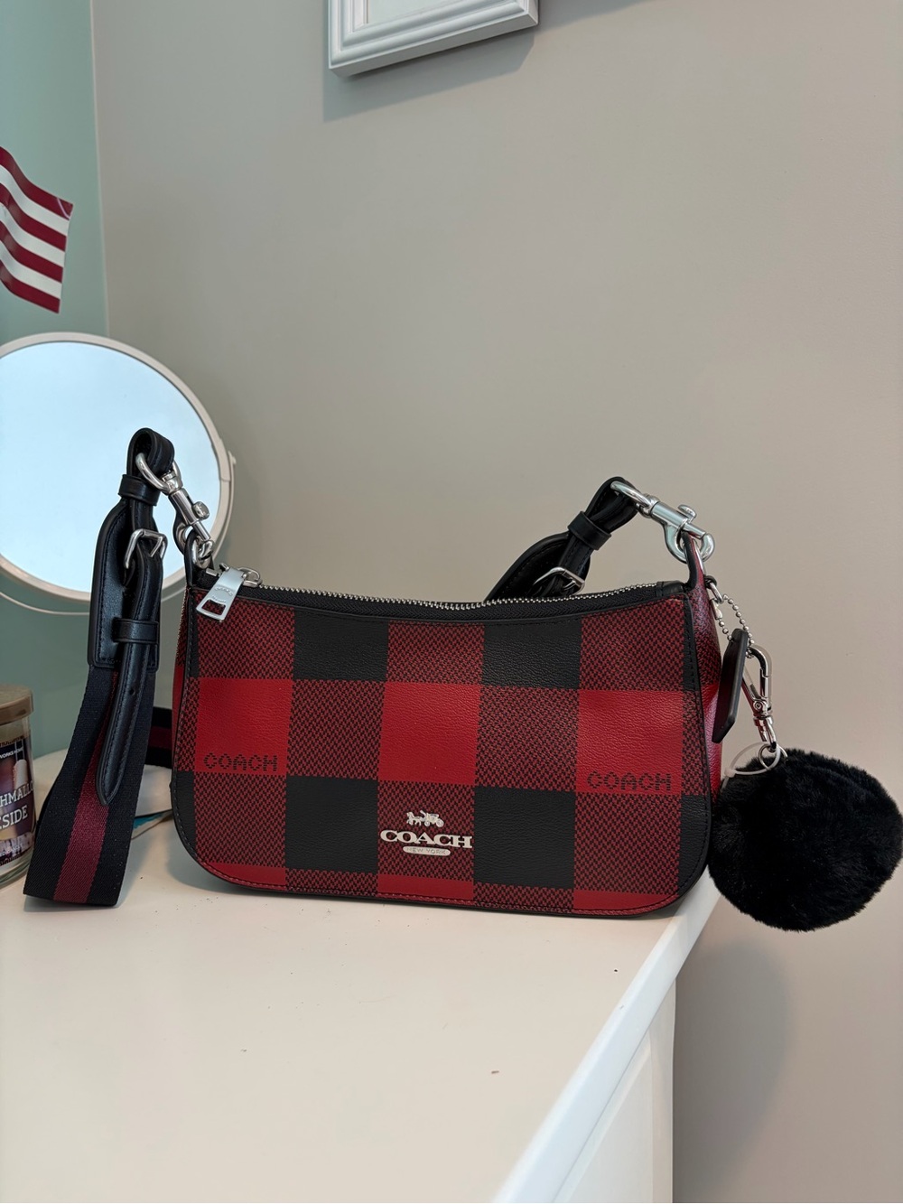 Coach Red and Black Buffalo Plaid Crossbody with Pom Pom